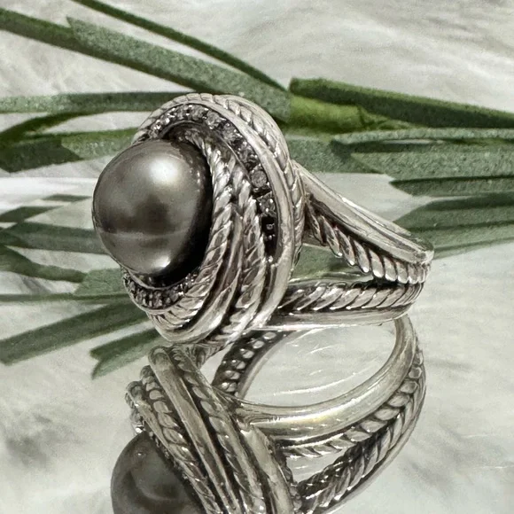 David Yurman Tahitian Pearl Diamond Crossover Ring - Picture 4 of 13